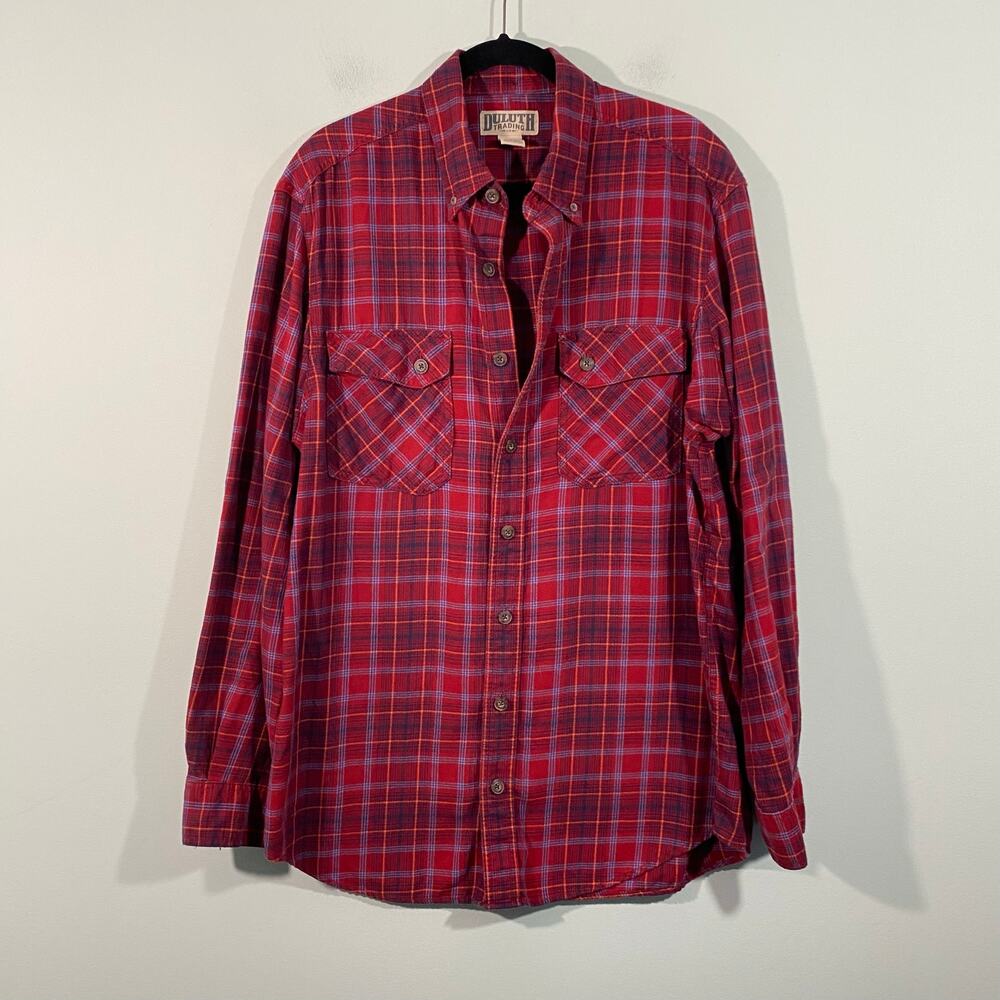 Duluth Trading Co Men Red Plaid Button Down Double Pocket Flannel Shirt Size LT